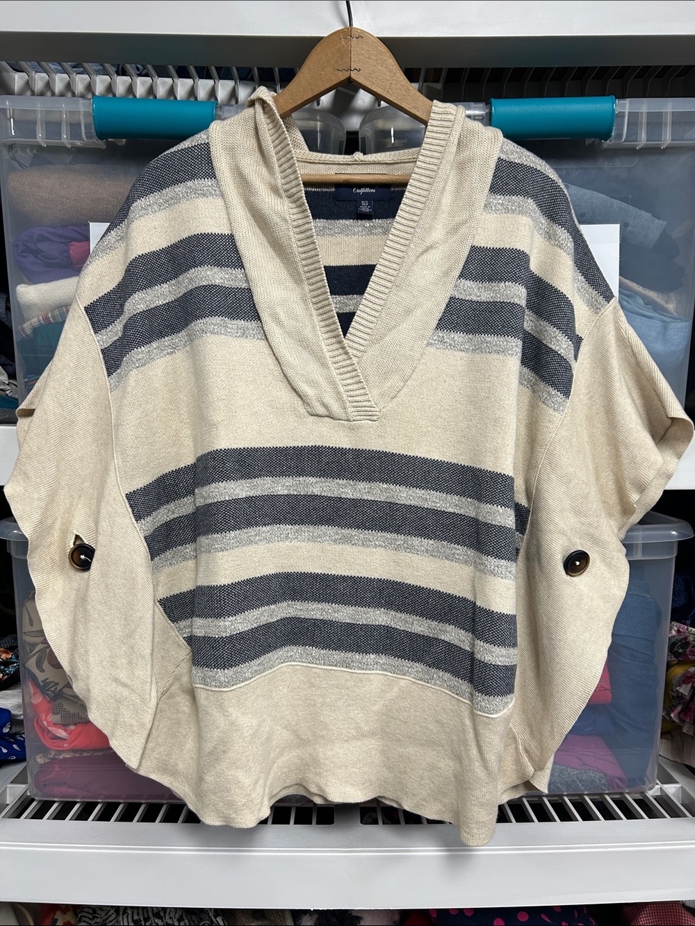 American Eagle Outfitters Cream, Blue, and Gray Striped Poncho Hooded Sweater